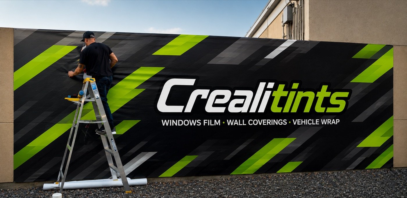 Crealitints team installing a large branded wall banner