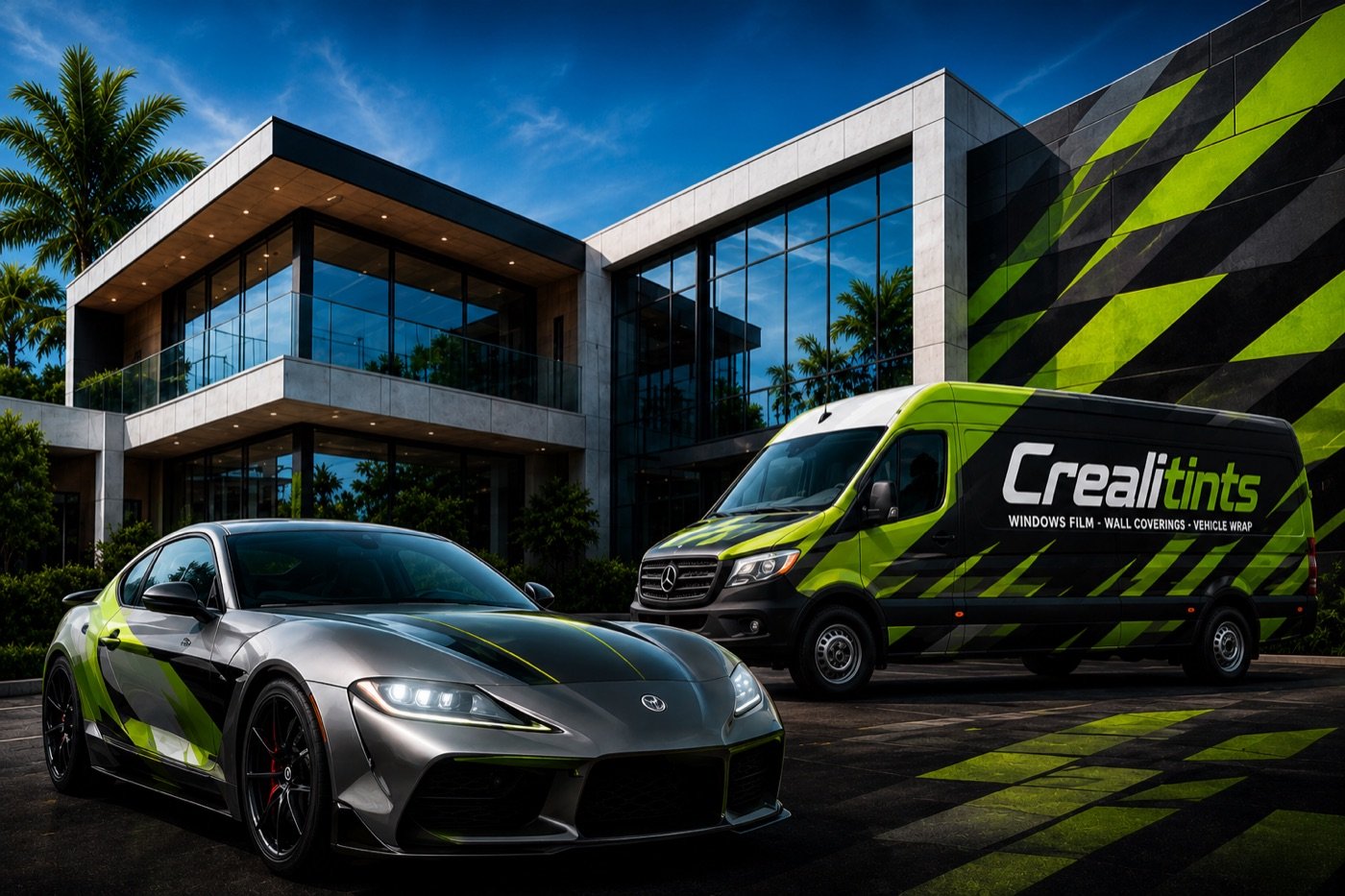 Crealitints wrapped sports car and commercial van in the brand's black and lime green livery